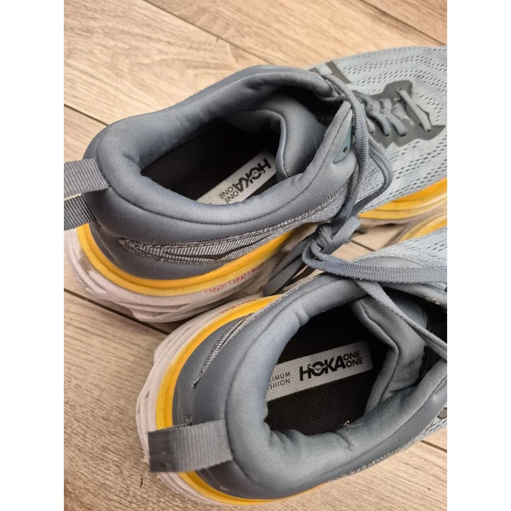 Hoka One One Bondi 8 Wide Mens Running Shoes Grey Yellow Low Top Sneakers‎ 12 EE